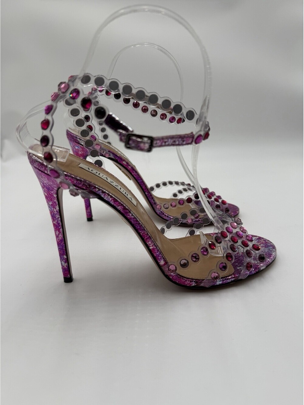 Aquazzura Tequila Plexi sandals vibrant pink metallic snake print Size 39